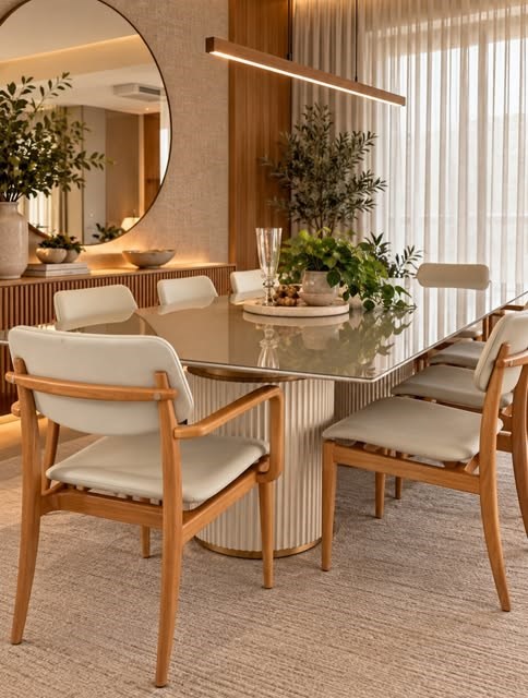 Sala de jantar com cadeiras de madeira, espelho redondo e pendente linear